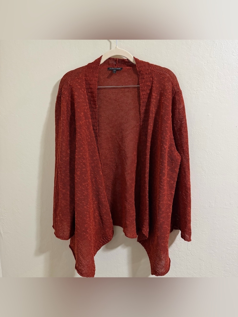 Eileen Fisher Open Waterfall Cardigan | XL | Rust Orange linen blend boho flowy